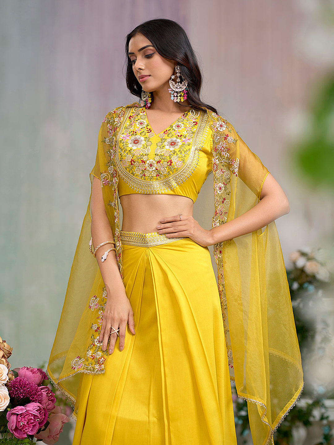 Yellow Silk Blend Thread Embroidered With Sequence  Ethnic Co-Ord Set With Shrug