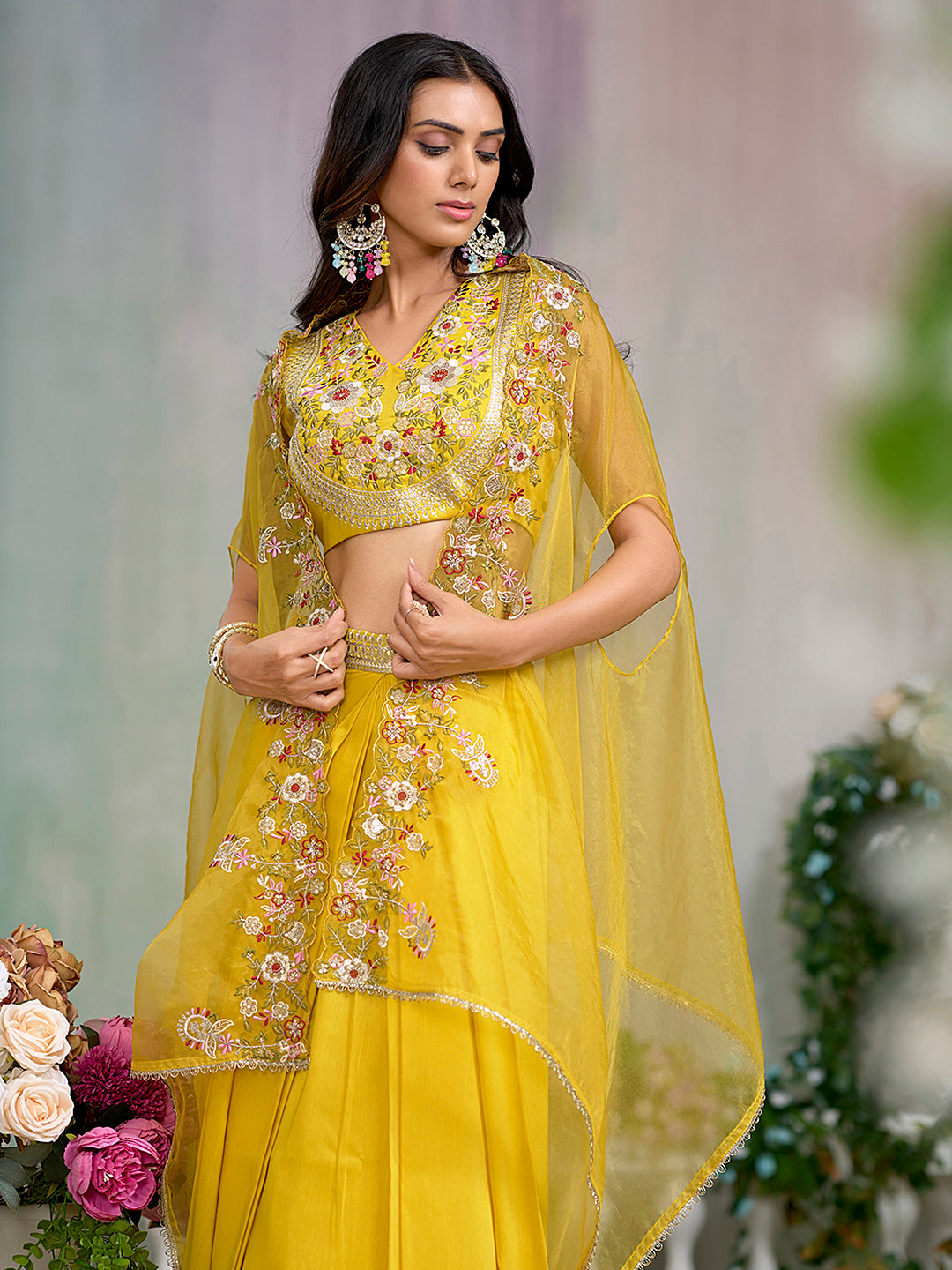Yellow Silk Blend Thread Embroidered With Sequence  Ethnic Co-Ord Set With Shrug