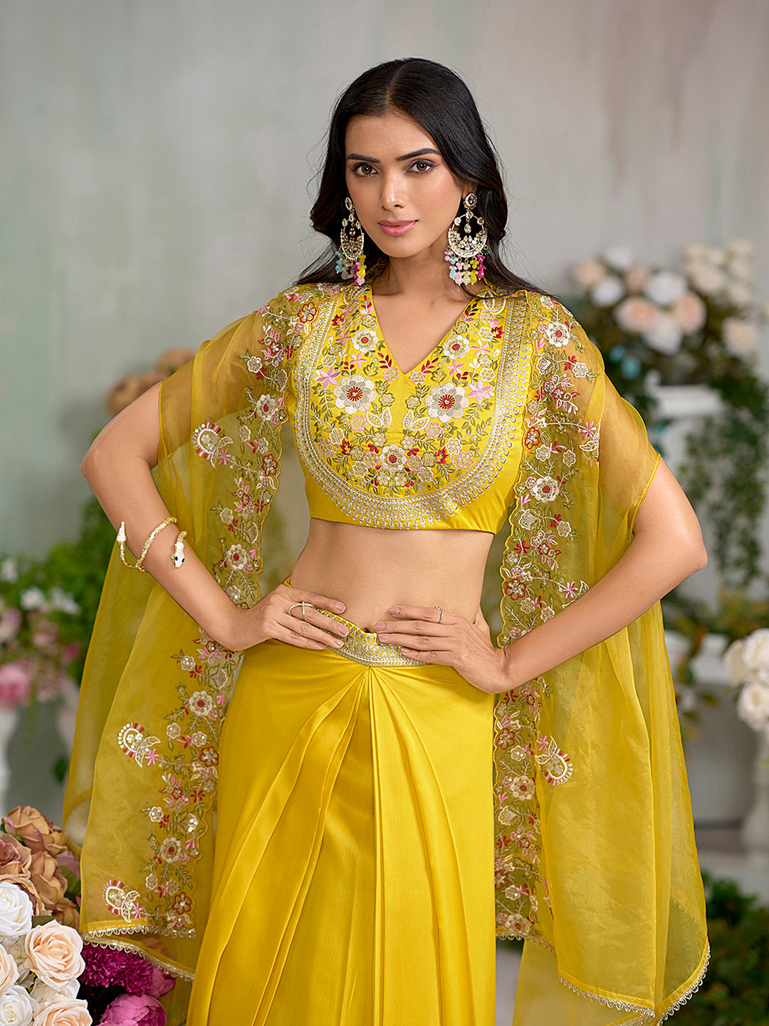 Yellow Silk Blend Thread Embroidered With Sequence  Ethnic Co-Ord Set With Shrug