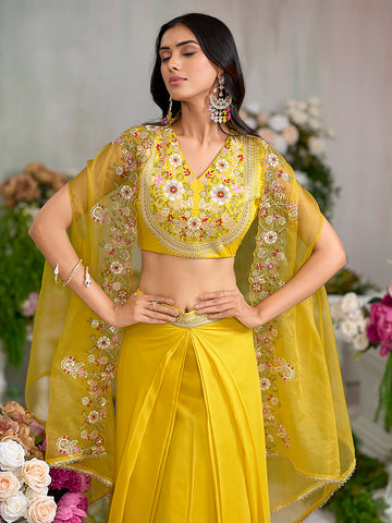 Yellow Silk Blend Thread Embroidered With Sequence  Ethnic Co-Ord Set With Shrug