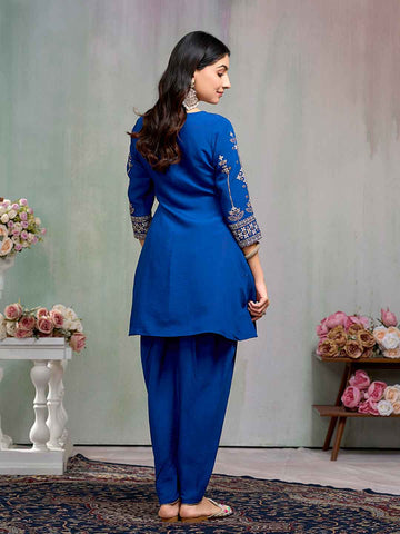 Royal Blue Embroidered Kurta with Dhoti Pant and Dupatta