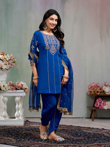 Royal Blue Embroidered Kurta with Dhoti Pant and Dupatta