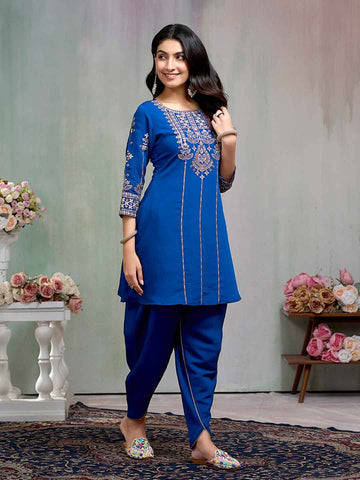 Royal Blue Embroidered Kurta with Dhoti Pant and Dupatta