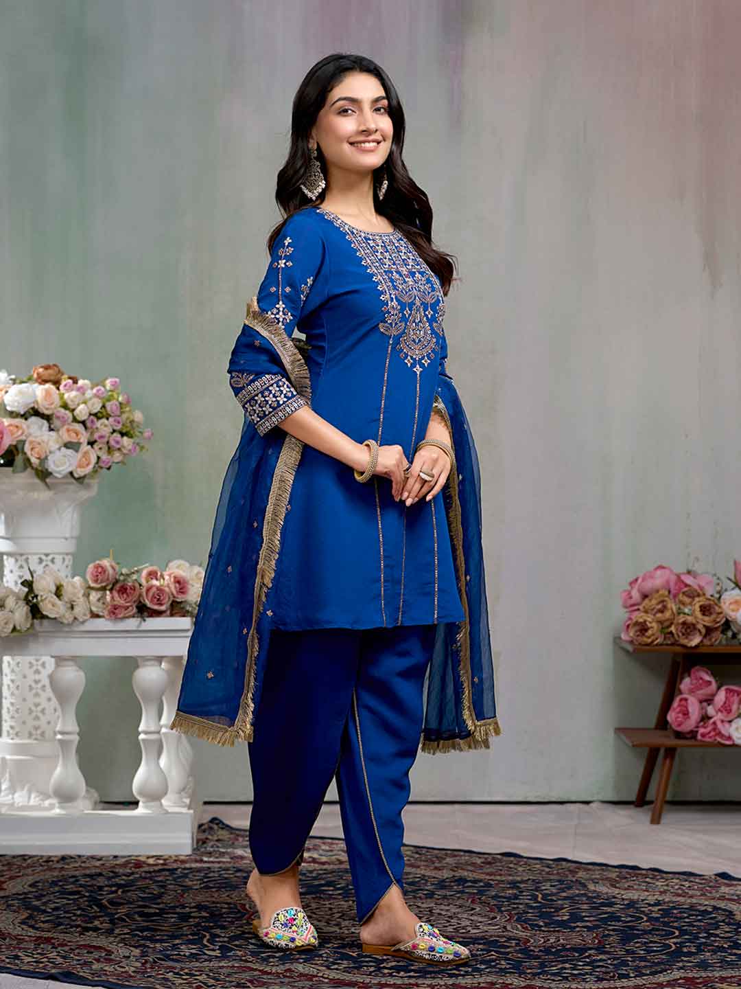 Royal Blue Embroidered Kurta with Dhoti Pant and Dupatta