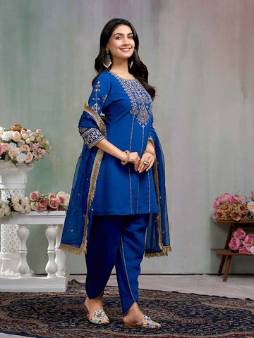 Royal Blue Embroidered Kurta with Dhoti Pant and Dupatta