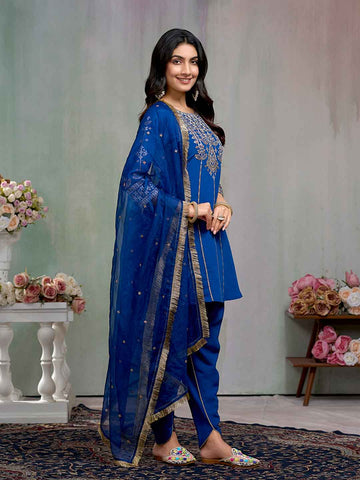 Royal Blue Embroidered Kurta with Dhoti Pant and Dupatta