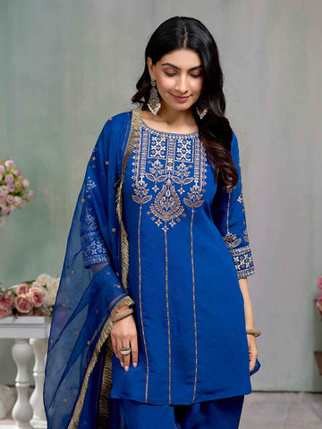 Royal Blue Embroidered Kurta with Dhoti Pant and Dupatta