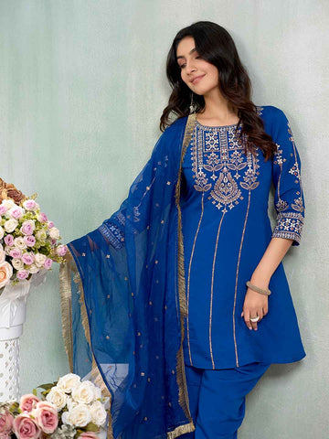 Royal Blue Embroidered Kurta with Dhoti Pant and Dupatta