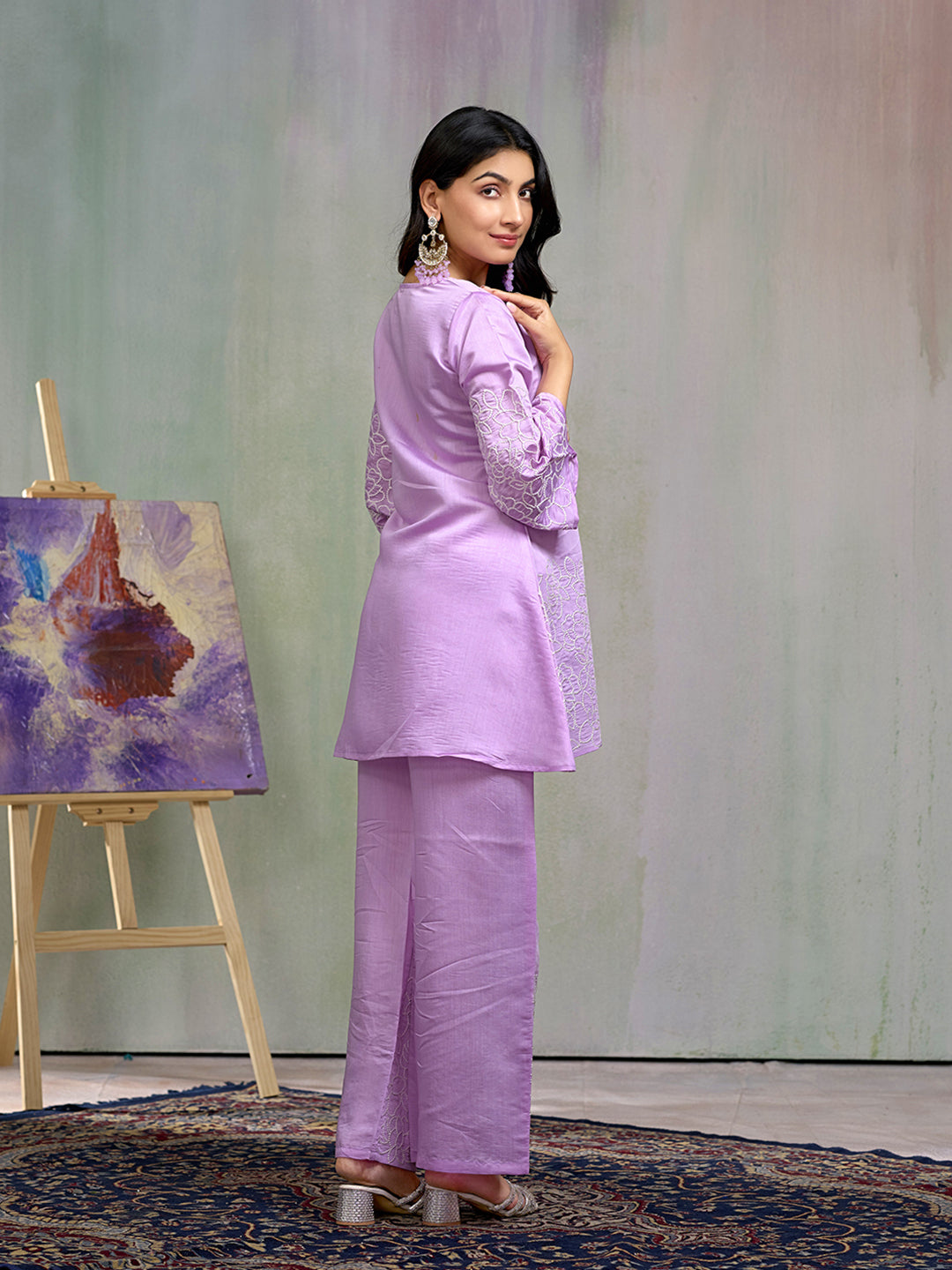 Lavendar Silk Blend Zari Sequence Embroidered Kurta With pant Set