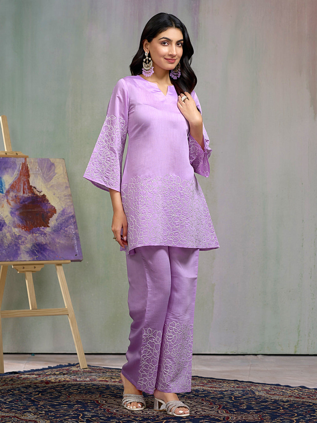 Lavendar Silk Blend Zari Sequence Embroidered Kurta With pant Set
