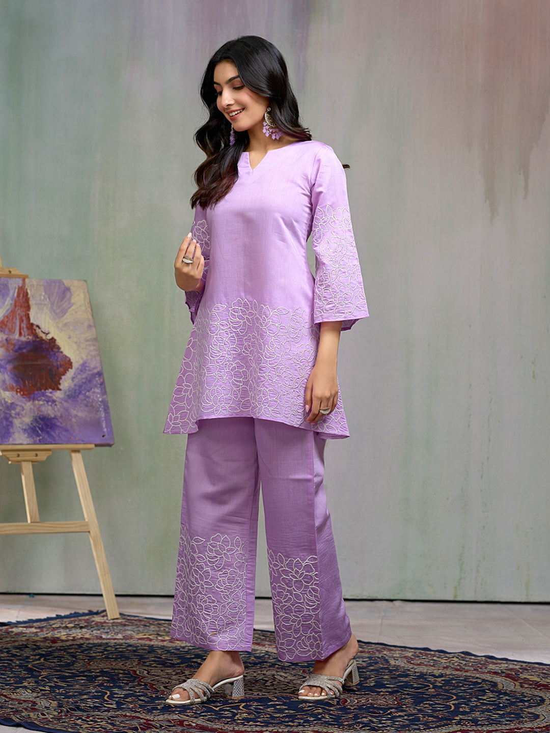 Lavendar Silk Blend Zari Sequence Embroidered Kurta With pant Set
