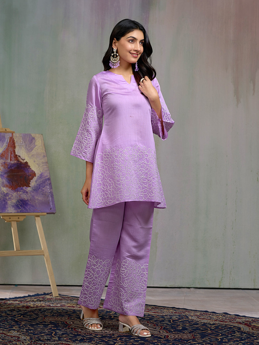 Lavendar Silk Blend Zari Sequence Embroidered Kurta With pant Set