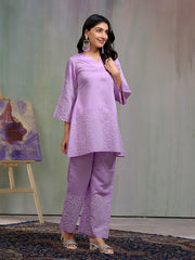 Lavendar Silk Blend Zari Sequence Embroidered Kurta With pant Set