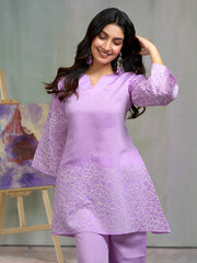 Lavendar Silk Blend Zari Sequence Embroidered Kurta With pant Set