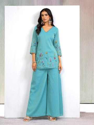SKy Blue Silk Blend Zari Thread Embroidery Kurta With Palazzo