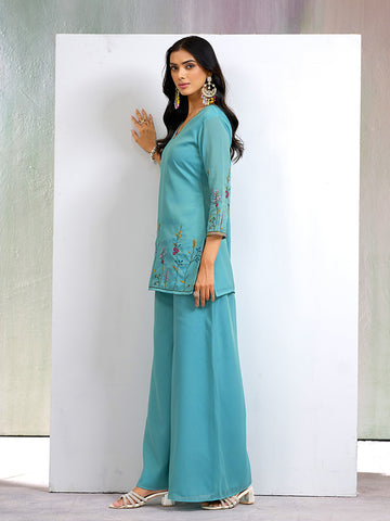 SKy Blue Silk Blend Zari Thread Embroidery Kurta With Palazzo
