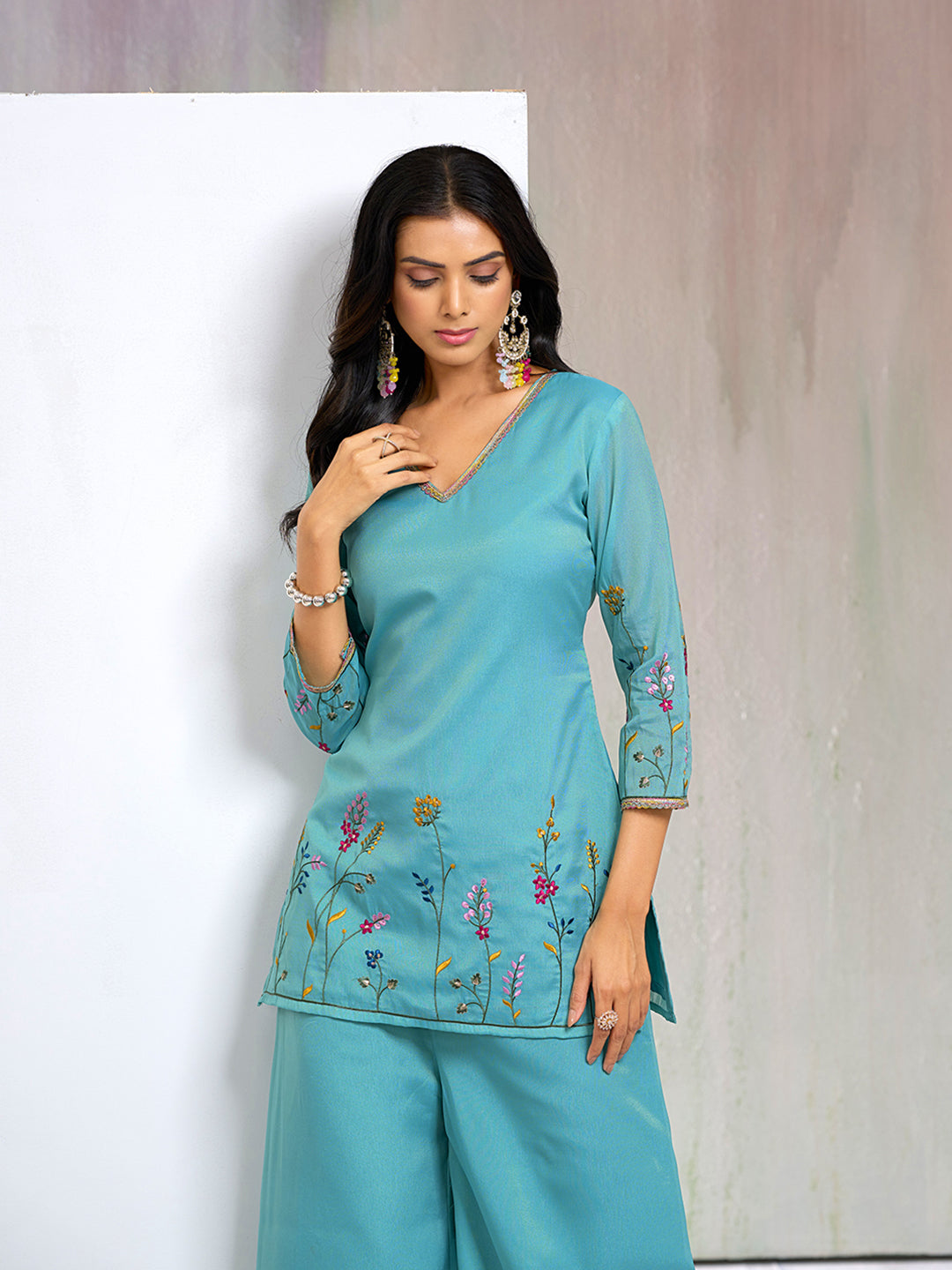 SKy Blue Silk Blend Zari Thread Embroidery Kurta With Palazzo