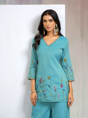SKy Blue Silk Blend Zari Thread Embroidery Kurta With Palazzo
