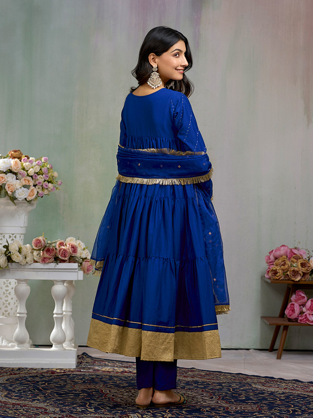 Royal Blue Tiered Anarkali Set with Golden Border