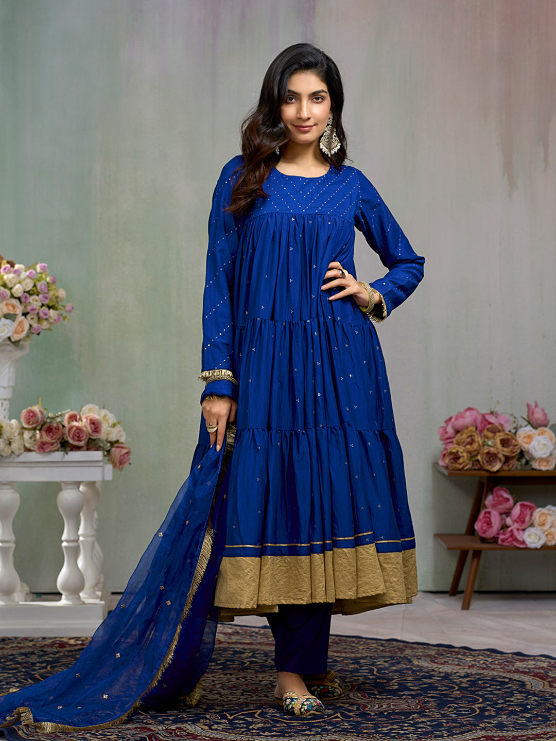 Royal Blue Tiered Anarkali Set with Golden Border