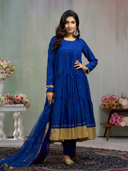 Royal Blue Tiered Anarkali Set with Golden Border