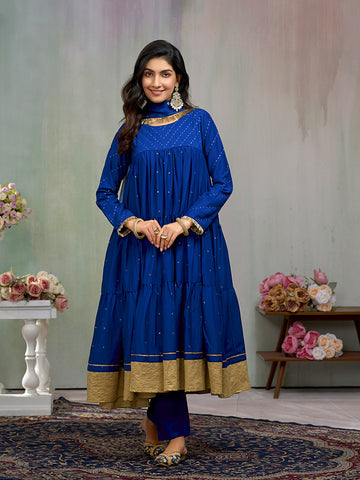 Blue Silk Blend Zari sequence Thread Embroidery Kurta With Pant And Dupatta