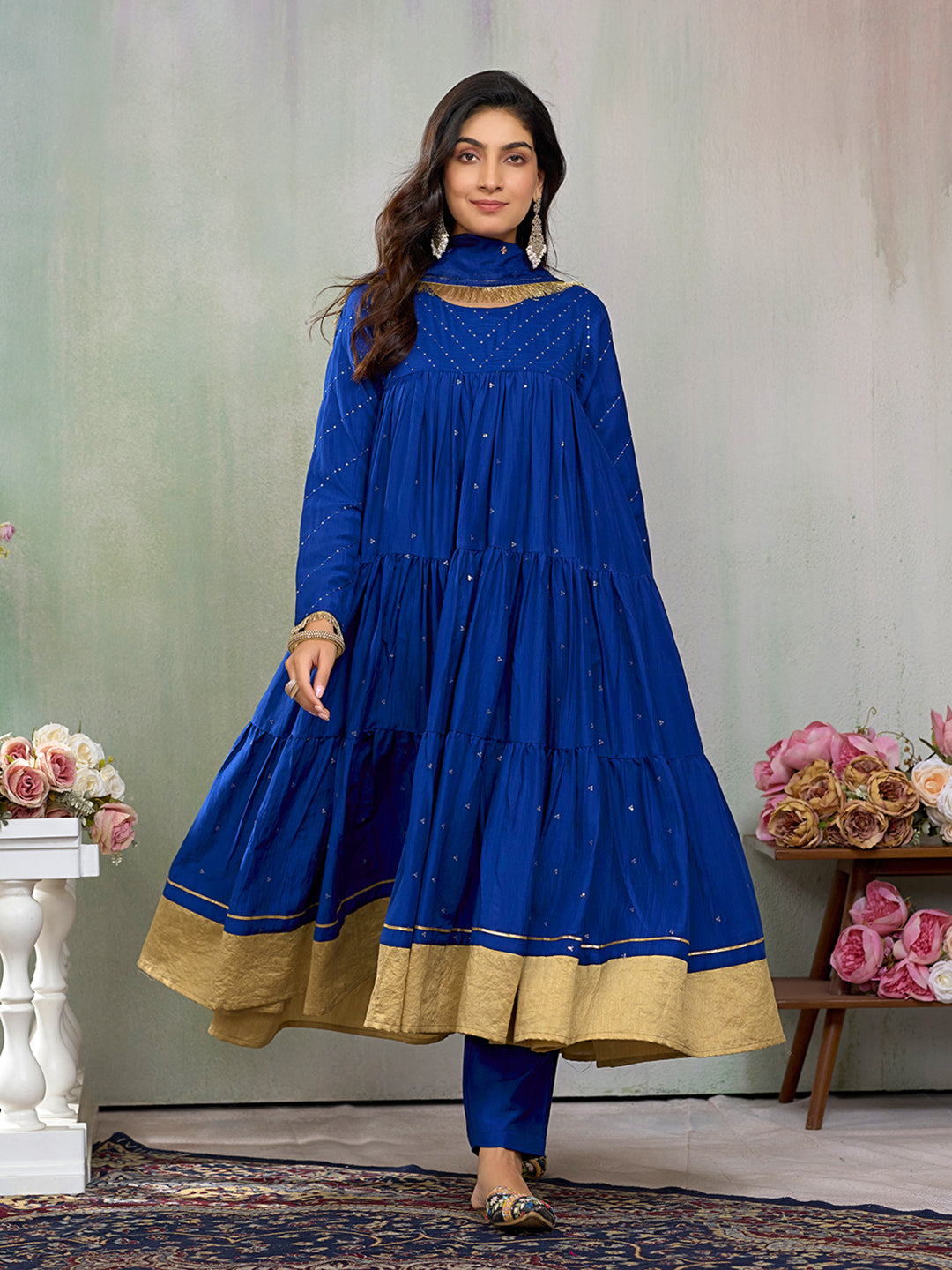 Royal Blue Tiered Anarkali Set with Golden Border