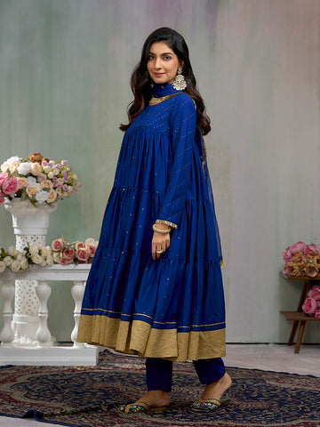 Blue Silk Blend Zari sequence Thread Embroidery Kurta With Pant And Dupatta