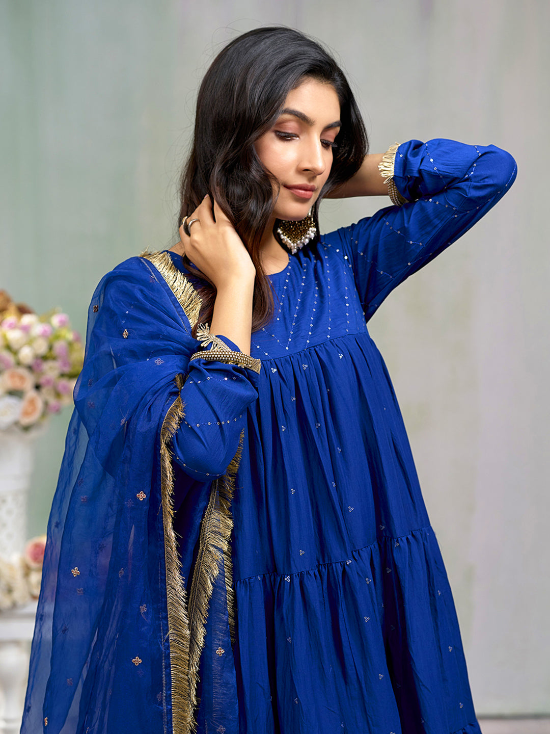 Blue Silk Blend Zari sequence Thread Embroidery Kurta With Pant And Dupatta