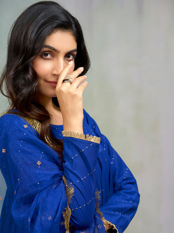 Royal Blue Tiered Anarkali Set with Golden Border