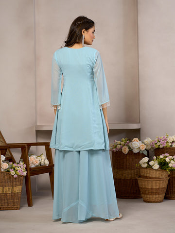 Pastel Blue Palazzo Set with Embroidery & Fringe Detailing