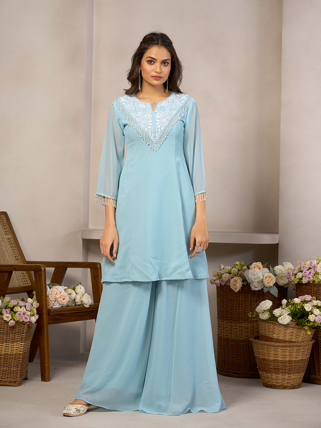Sky Blue Star Georgette Beads Handwork Kurta With Palazzo