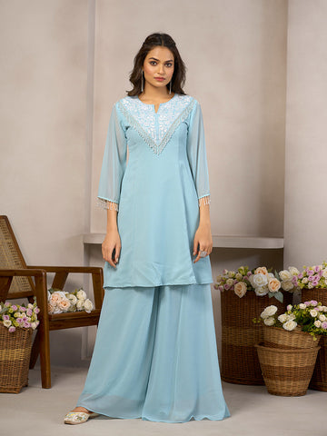 Pastel Blue Palazzo Set with Embroidery & Fringe Detailing