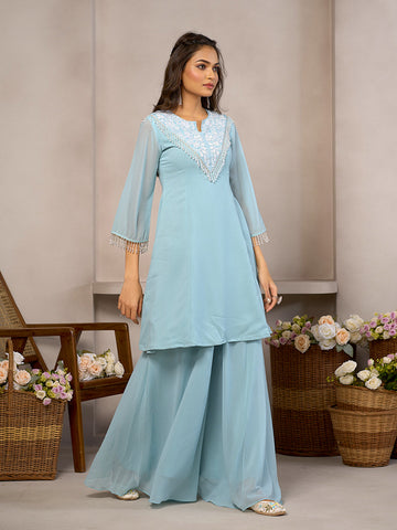 Pastel Blue Palazzo Set with Embroidery & Fringe Detailing