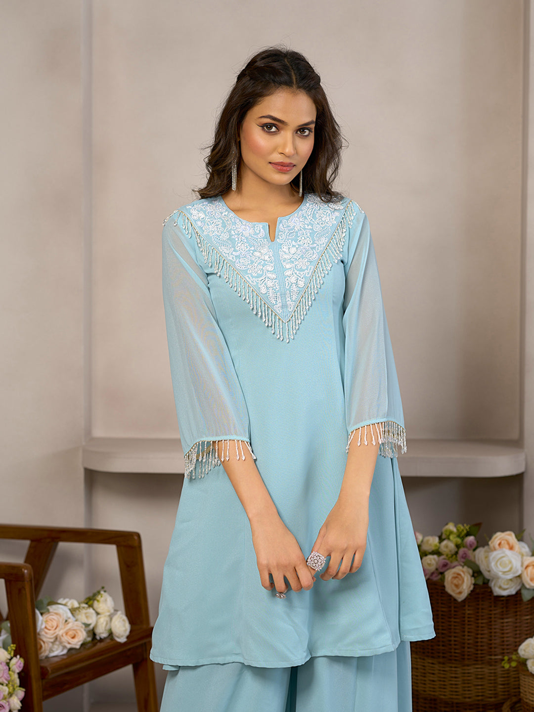 Pastel Blue Palazzo Set with Embroidery & Fringe Detailing
