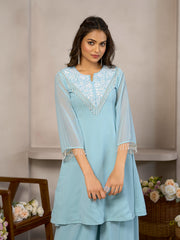 Sky Blue Star Georgette Beads Handwork Kurta With Palazzo