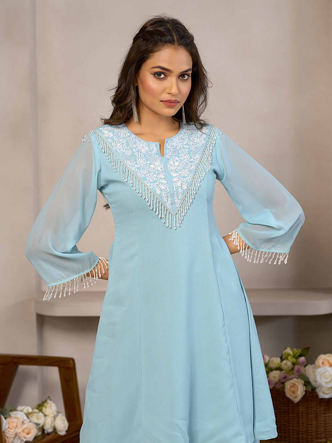 Sky Blue Star Georgette Beads Handwork Kurta With Palazzo