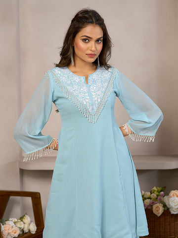 Pastel Blue Palazzo Set with Embroidery & Fringe Detailing