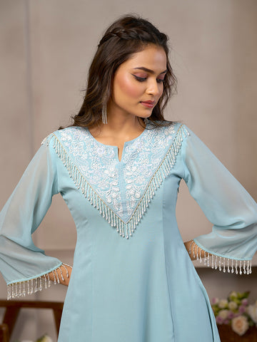 Sky Blue Star Georgette Beads Handwork Kurta With Palazzo