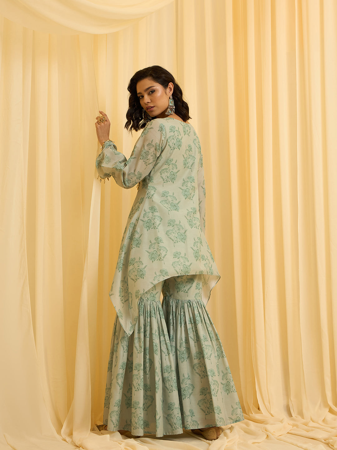 Sage Green Embroidered Kurta with Printed Sharara