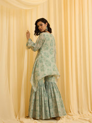 Sage Green Embroidered Kurta with Printed Sharara