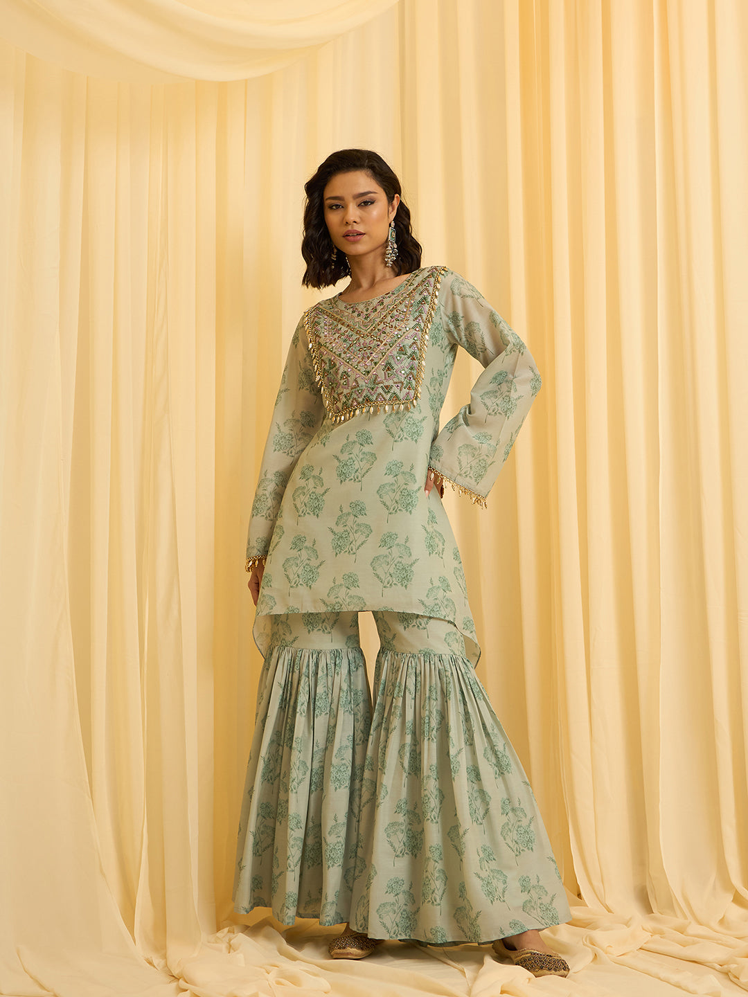 Sage Green Embroidered Kurta with Printed Sharara