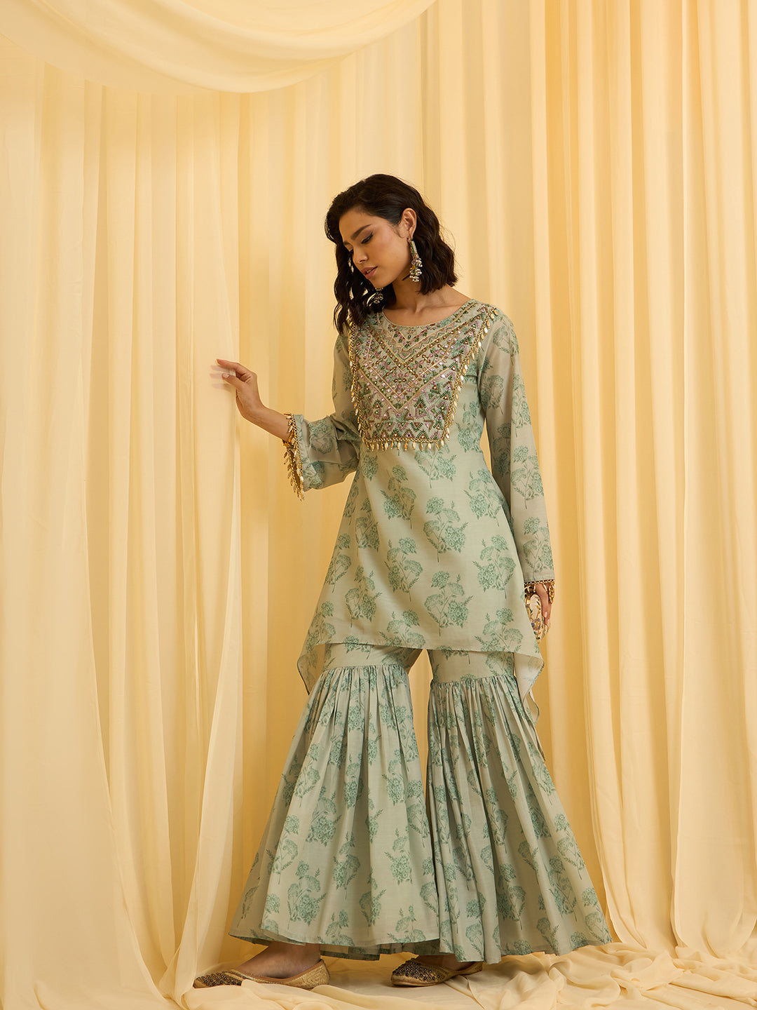 Sage Green Embroidered Kurta with Printed Sharara