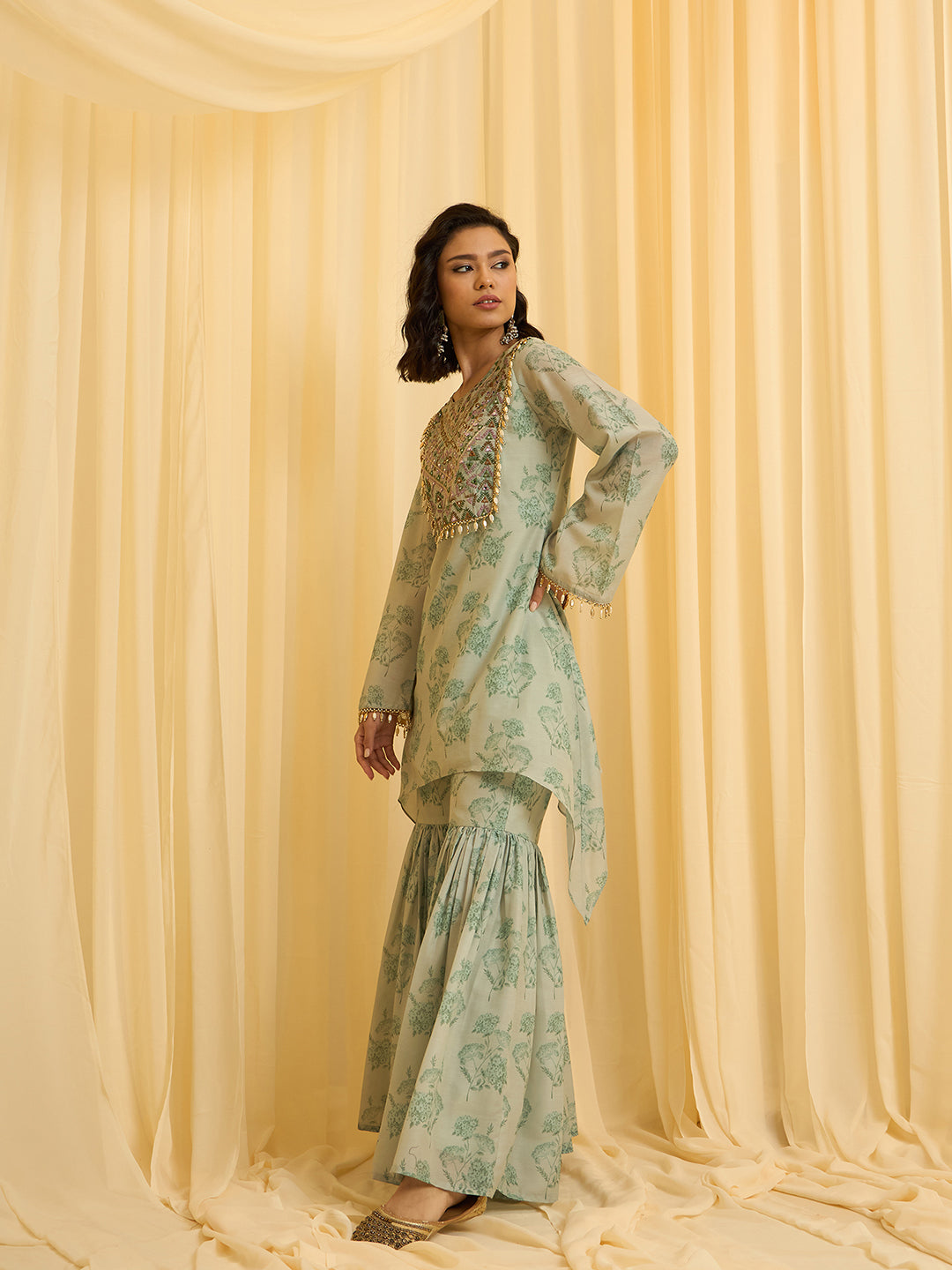 Sage Green Embroidered Kurta with Printed Sharara