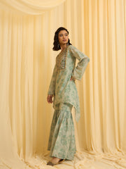 Sage Green Embroidered Kurta with Printed Sharara