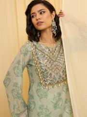 Sage Green Embroidered Kurta with Printed Sharara