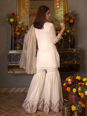 White Georgette Thread Embroidered Kurta Sharara Sets with Dupatta