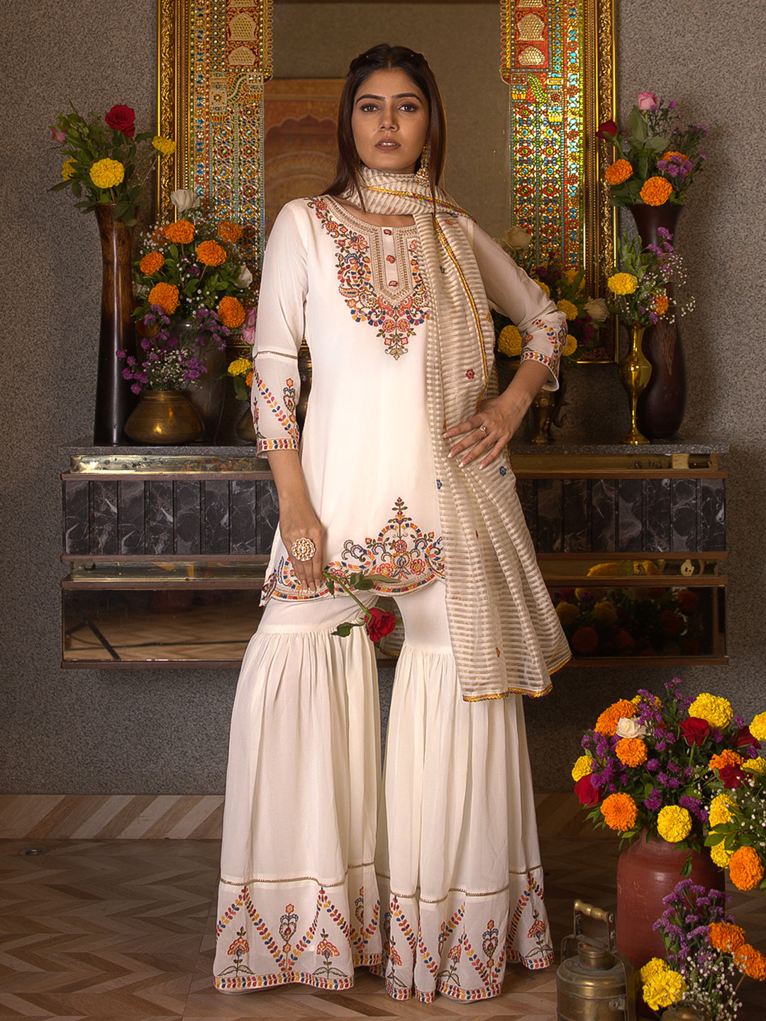 White Georgette Thread Embroidered Kurta Sharara Sets with Dupatta