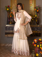 White Georgette Thread Embroidered Kurta Sharara Sets with Dupatta