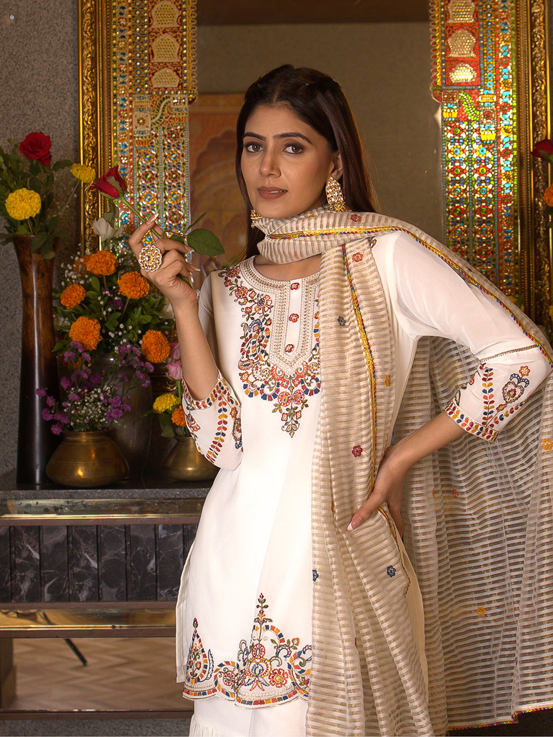 White Georgette Thread Embroidered Kurta Sharara Sets with Dupatta